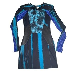 Nuvula Mixed Print Bodycon Mini Dress Tie Dye & Faux Sequin Long Sleeve Small